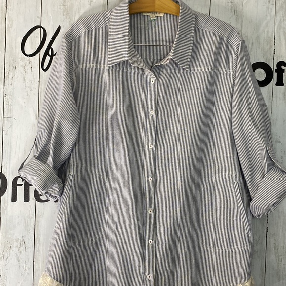 NWOT UMGEE Cotton Blend Seersucker & Lace Tunic Shirt with Pockets 1X - Picture 2 of 8
